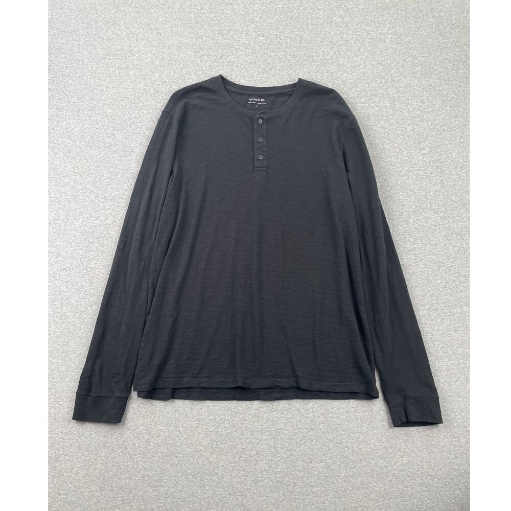 VINCE Mens Henley Shirt L Black Long Sleeve Slub Cotton Jersey Casual Pullover